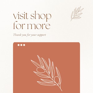 Puede incluir: Gr&aacute;fico promocional con el texto "visit shop for more" en marr&oacute;n. Debajo, el texto "Thank you for your support" est&aacute; en cursiva. Un rect&aacute;ngulo color &oacute;xido presenta un dibujo lineal blanco de una hoja.