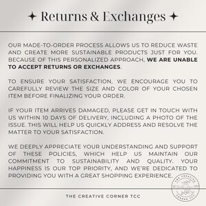 May include: A white background with the text "Returns & Exchanges" in a decorative font. The text explains the shop's return policy, emphasizing sustainability and customer satisfaction. The Creative Corner TCC logo is in the bottom right corner.