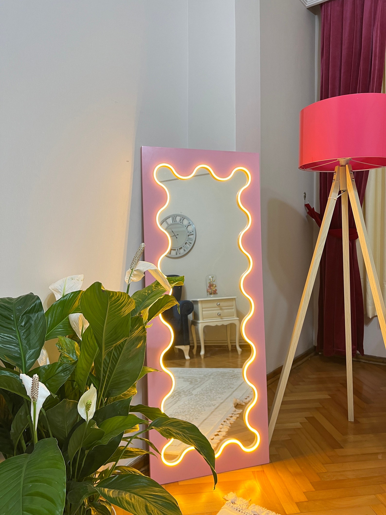 Lighted Wavy Floor Mirror Led Standing Mirror Full Size Etsy