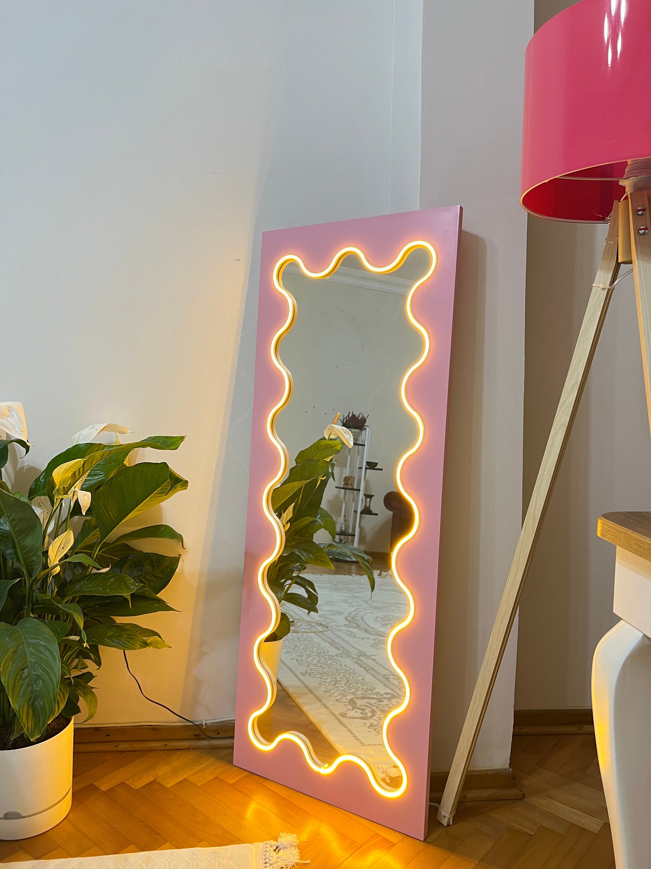 Lighted Wavy Floor Mirror Led Standing Mirror Full Size Etsy