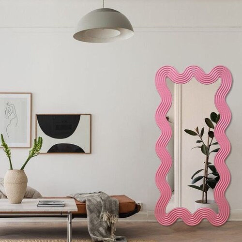 Wavy Floor Mirror With Wood Frame Irregular Full Body Mirror Etsy