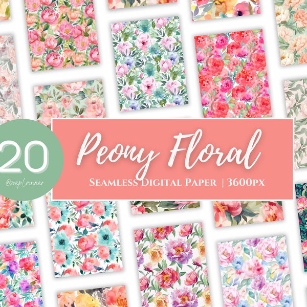 Peony Floral Digital Paper - Watercolor Flower Backgrounds Seamless Patterns - 12x12in - Mothers Day - Printing Commercial