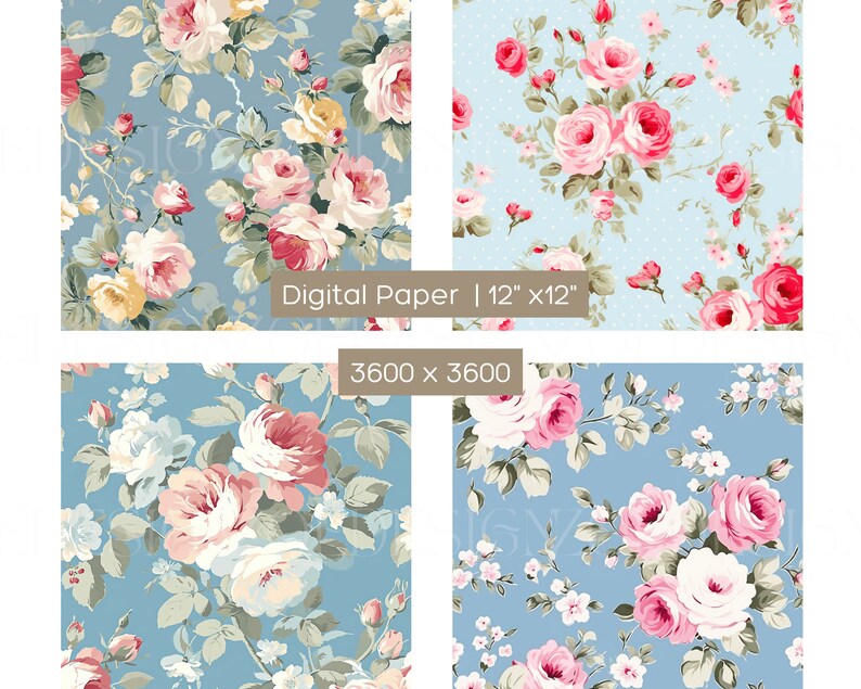Blue Vintage Roses Floral Digital Paper Cottage Rose Vintage Background ...