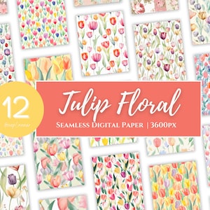 Spring Tulip - Pacchetto di carta digitale floreale vibrante - Sfondi di fiori ad acquerello - Modelli senza soluzione di continuità - 12x12 pollici -Stampa commerciale