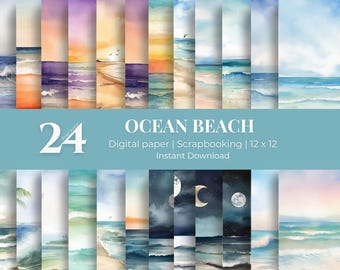 Digitaal papier Ocean Beach | Plakboekpapier kust | 24 nautische aquarelachtergronden | 12 x 12 | Direct downloaden
