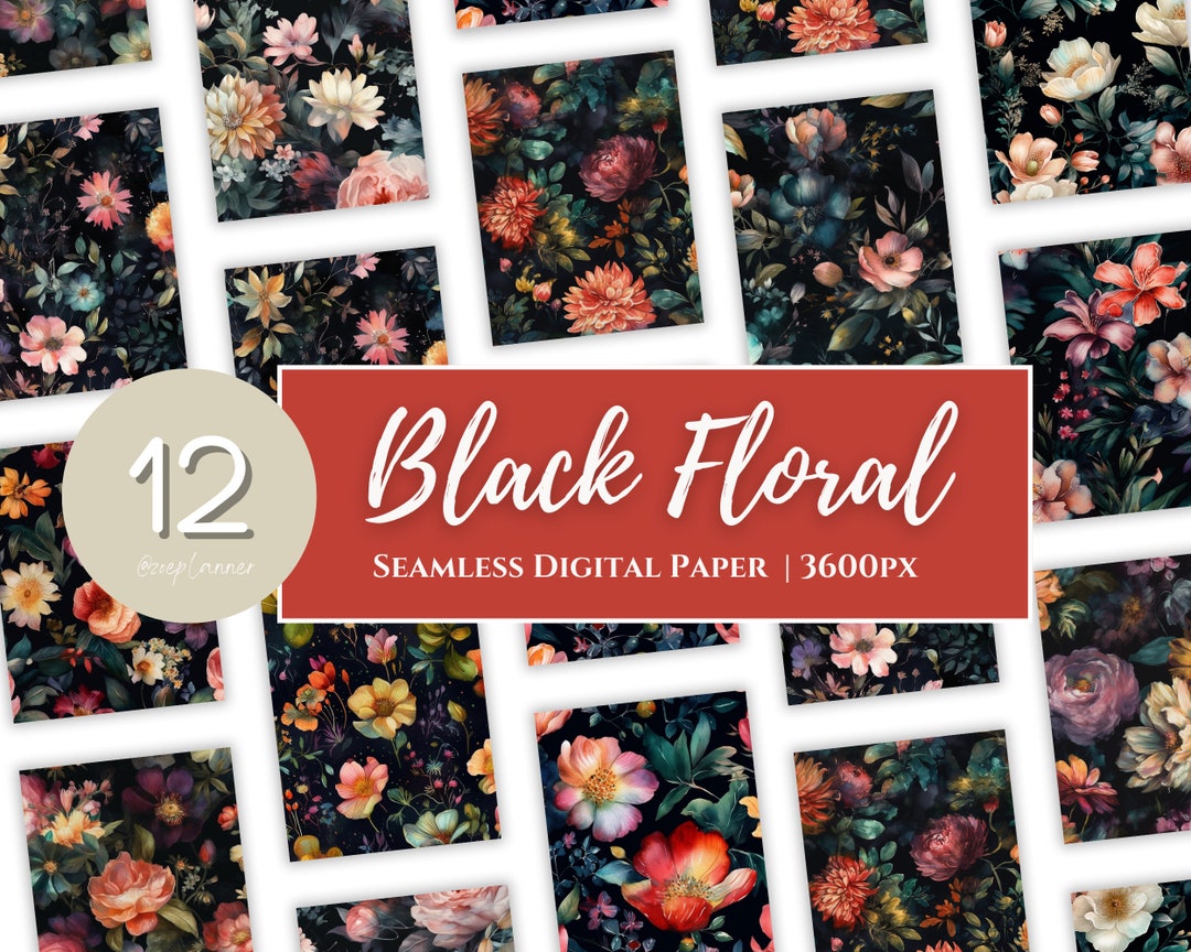 Black Floral Watercolor Digital Paper | Seamless Flower Patterns ...