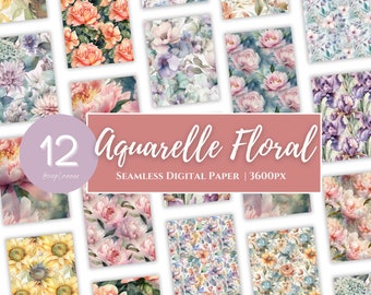 Watercolor Floral Digital Paper | Seamless Flower Patterns | 12x12in | Scrapbook Paper | Commercial Use | Instant Download