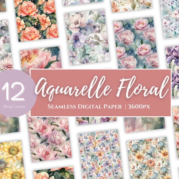 Aquarelle Floral Spring Summer Digital Paper - Watercolor Flower Backgrounds Seamless Patterns - 12x12in - Mothers Day - Printing Commercial