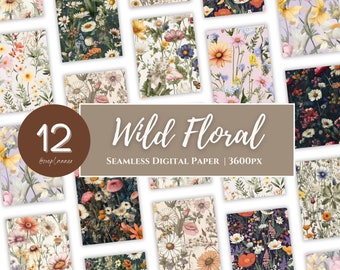 Wildes Blumen Digitales Papier | Aquarell nahtlose Blumenmuster | 31 x 30 cm | Scrapbook Papier | Sofort Download
