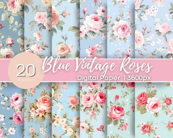 May include: A set of 20 digital papers featuring blue vintage roses with pink flowers on a light blue background. The papers are 3600 pixels wide.