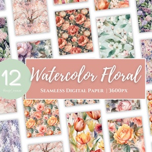 Watercolor Floral Spring Summer Digital Paper - Watercolor Flower Backgrounds Seamless Patterns - 12x12in - Printing Commercial for POD