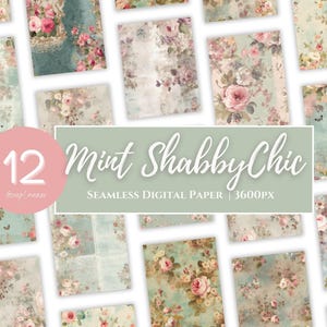 May include: Twelve digital papers featuring a mint green background with a floral pattern in shades of pink, white, and green. The papers are seamless and measure 3600 pixels.
