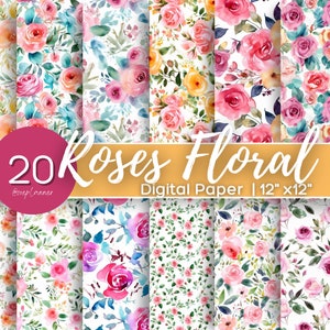 Roses Floral Digital Paper - Watercolor Flower Backgrounds Patterns - 12x12in - 20 Designs - Printing Commercial