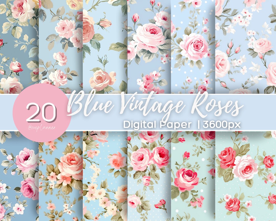 Blue Vintage Roses Floral Digital Paper Cottage Rose Vintage Background ...