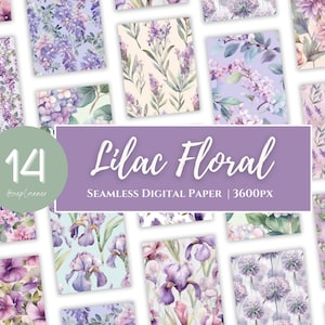 Lilac Floral Digital Paper - Watercolor Flower Backgrounds Seamless Patterns - 12x12in - Mothers Day - Printing Commercial Use