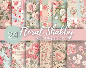 May include: A set of 24 digital papers featuring floral patterns in shades of pink, blue, and green. The papers are 12 inches by 12 inches and are perfect for scrapbooking, card making, and other crafting projects.