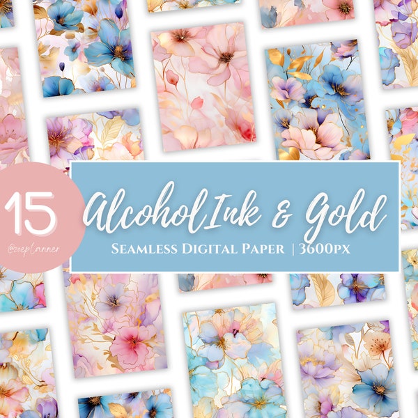 Pastel Alcohol Ink Floral with Gold Leaves Digital Paper Collection - Floral Digital Paper - Crafting, Scrapbooking, 15 Seamless Designs