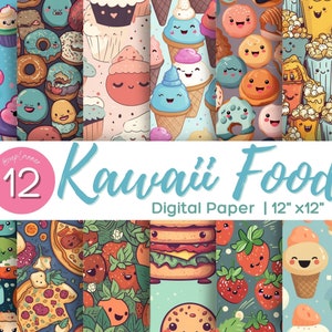 Kawaii Food Digital Paper - Cute Kawaii Food Seamless Digital Design- 12x12in - Printing Commercial