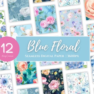 Blue Floral Spring Summer Digital Paper - Watercolor Flower Backgrounds Seamless Patterns - 12x12in - Mothers Day - Printing Commercial Use