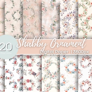 May include: A set of 20 digital papers featuring floral wreaths and patterns in shades of pink, blue, and green. The papers are 3600 pixels wide and are perfect for scrapbooking, card making, and other crafting projects.