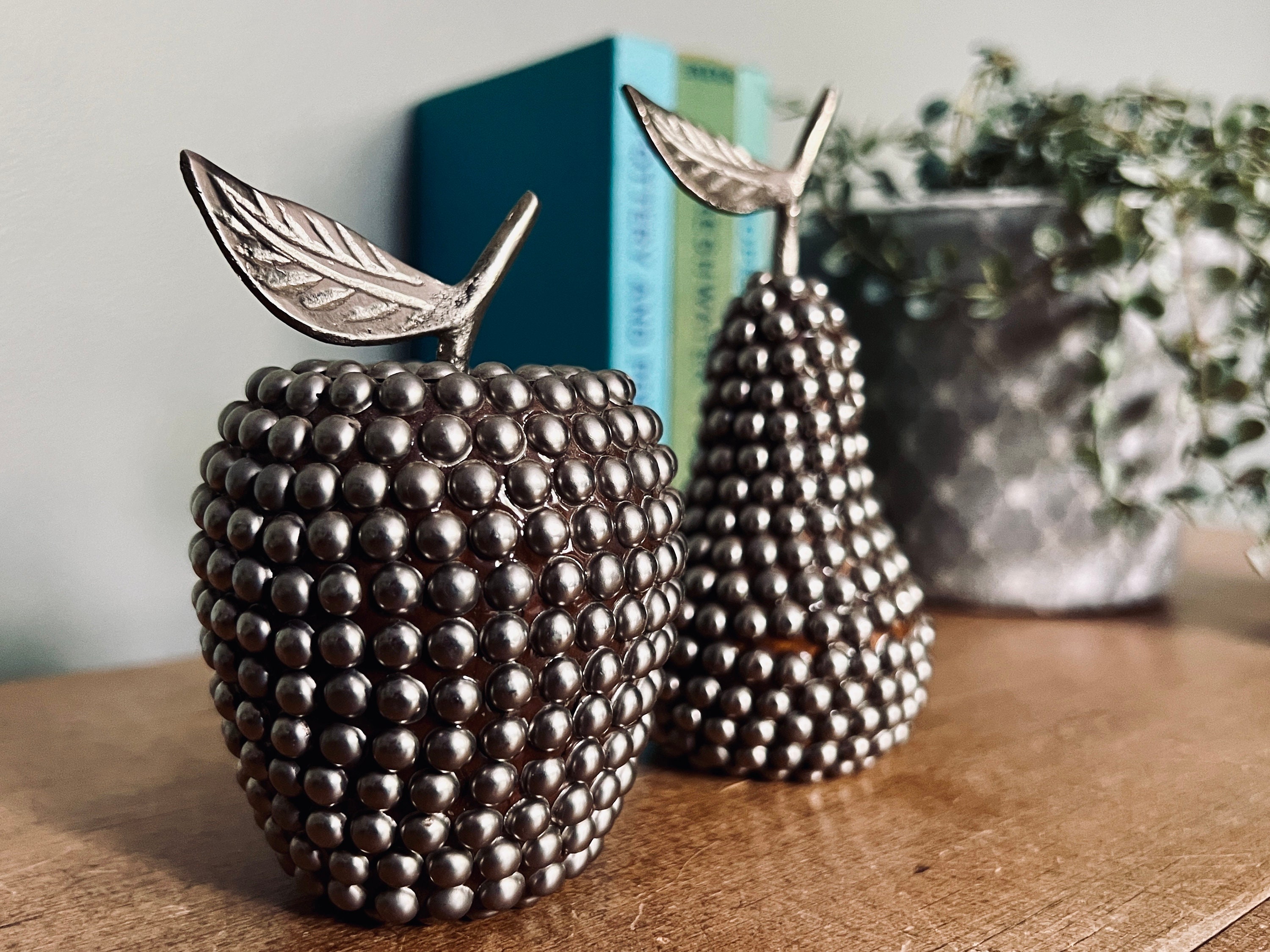 Midcentury White Metal Studded Apple and Pear Ornaments Etsy UK