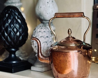 Stunning antique decorative copper kettle with brass handle