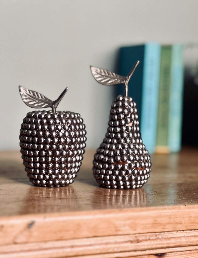 Midcentury White Metal Studded Apple and Pear Ornaments Etsy UK