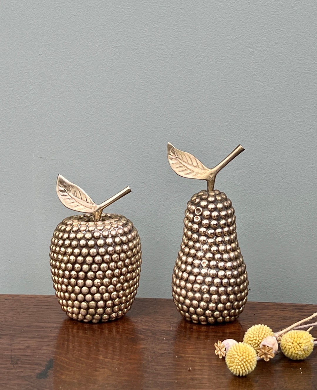 Midcentury Brass Studded Apple and Pear Ornaments Etsy UK