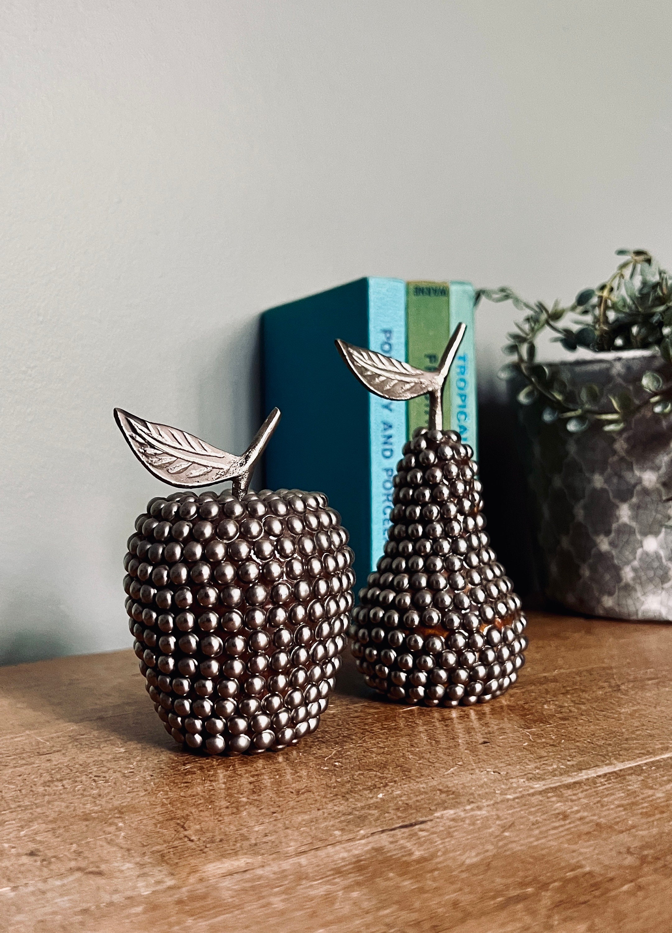 Midcentury White Metal Studded Apple and Pear Ornaments Etsy UK