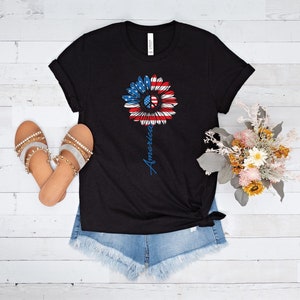 American Peace Love Sunflower USA Flag Shirt, 4th of July, Fourth of July, Patriotic Tee, Independence Day, Red White Blue, Proud American