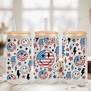 Smile American Flag Frosted Glass Can, Beer Can Glass, Libbey Glass Can, Glass Can With Bamboo Lid n Straw, Gift for Her, USA, Patriotic
