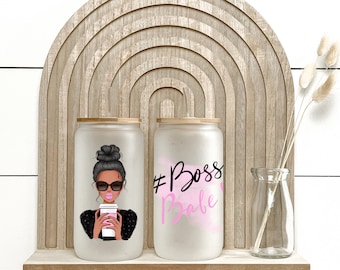 Boss Babe Frosted Glass Can, Libbey Glass Can, Glass Can With Bamboo Lid and Straw, Messy Bun, Gift For Her, Boss Lady, Girl Boss,
