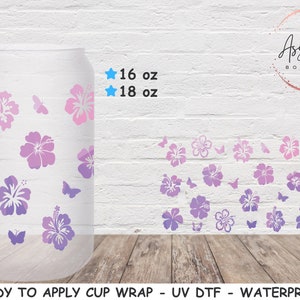 Hibiscus & Butterflies Seamless Cup Wrap, 16oz or 18oz UV DTF Cup Wrap, Full Glass Can Wrap, Flowers, Ready to Apply Waterproof Cup Wrap