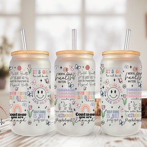 Mental Health Frosted Glass Can, Beer Can Glass, Libbey Glass Can, Glass Can With Bamboo Lid n Straw, Gift for Her, Motivational Quotes