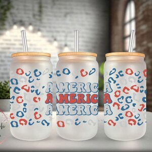 Leopard America Frosted Glass Can, Beer Can Glass, Libbey Glass Can, Glass Can With Bamboo Lid n Straw, Gift for Her, USA, Proud American