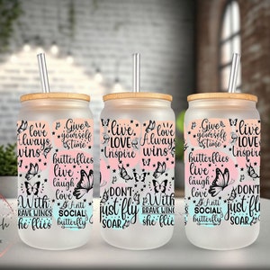 Positive Quotes Frosted Glass Can, Beer Can Glass, Libbey Glass Can, Glass Can With Bamboo Lid n Straw, Gift for Her, Daily Affirmations