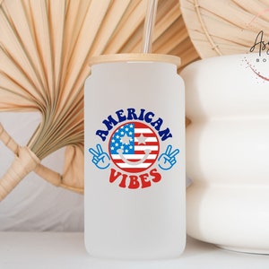 American Vibes Frosted Glass Can, Beer Can Glass, Libbey Glass Can, Glass Can With Bamboo Lid n Straw, Gift for Her, USA, Patriotic, America