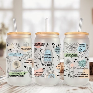 Boho Daily Reminder Frosted Glass Can, Beer Can Glass, Libbey Glass Can, Glass Can With Bamboo Lid n Straw, Gift for Her, Positivity