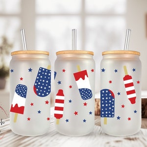 Patriotic Popsicles Frosted Glass Can, Beer Can Glass, Libbey Glass Can, Glass Can With Bamboo Lid n Straw, Gift for Her, USA, Patriotic