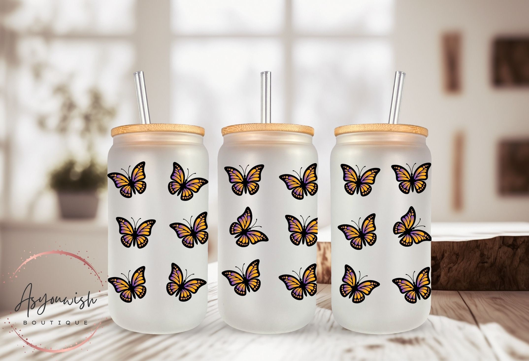 Pisces Butterfly Frosted Can Glass with Lid + Straw — LOCAL FIXTURE