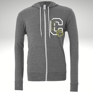 May include: A heather gray zip-up hoodie with a white letter "C" and the word "Cubs" in blue. A yellow paw print is next to the letter.
