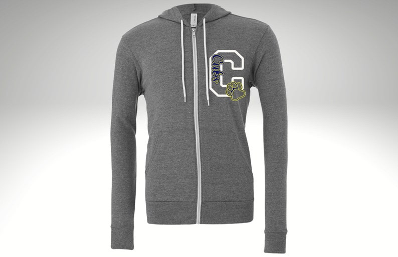 May include: A heather gray zip-up hoodie with a white letter "C" and the word "Cubs" in blue. A yellow paw print is next to the letter.