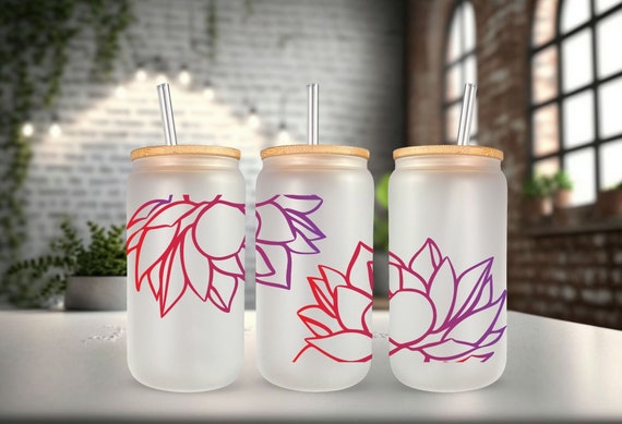 16 oz Happy Flowers Glass Cup with Bamboo Lid and Straw: Libbey Style  Frosted Glass