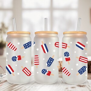 Patriotic Popsicles Frosted Glass Can, Beer Can Glass, Libbey Glass Can, Glass Can With Bamboo Lid n Straw, Gift for Her, USA, Patriotic