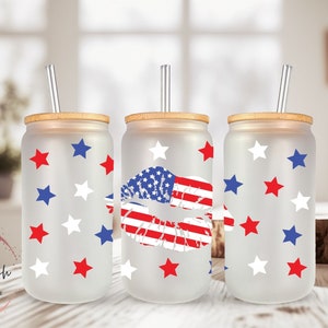 American Flag Kiss Frosted Glass Can, Beer Can Glass, Libbey Glass Can, Glass Can With Bamboo Lid n Straw, Gift for Her, USA, Patriotic