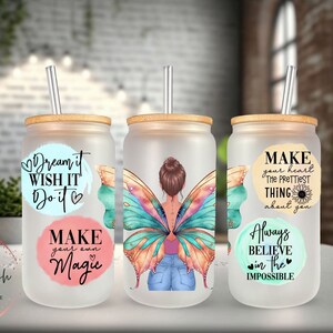 Positive Quotes Frosted Glass Can, Beer Can Glass, Libbey Glass Can, Glass Can With Bamboo Lid n Straw, Gift for Her, Daily Affirmations