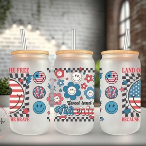Retro Smiley Face Frosted Glass Can, Beer Can Glass, Libbey Glass Can, Glass Can With Bamboo Lid n Straw, Gift for Her, USA, Patriotic