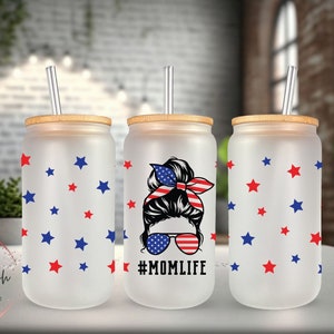 USA Flag Messy Bun Frosted Glass Can, Beer Can Glass, Libbey Glass Can, Glass Can With Bamboo Lid n Straw, Gift for Her, Proud American