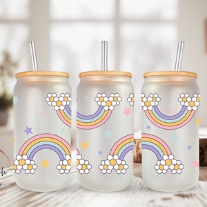 Groovy Rainbows Frosted Glass Can, Beer Can Glass, Libbey Glass Can, Glass Can With Bamboo Lid n Straw, Gift for Her, Flowers