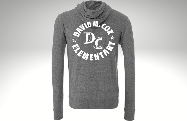 May include: Gray hooded sweatshirt with a white circle logo that says "David M. Cox Elementary" with the letters "DC" in the center.